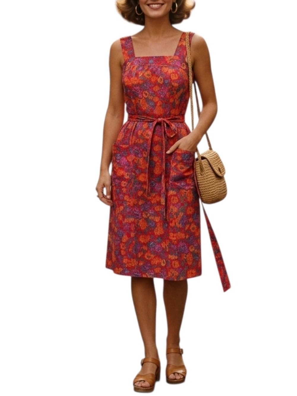 Vintage 1970s Sears Floral Psychedelic Pinafore Apron Dress Red Orange 16.5